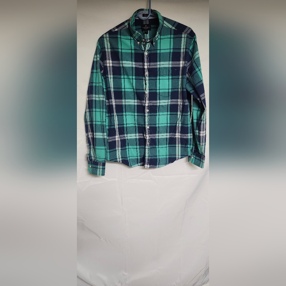 American Eagle Outfitters Teal and Navy Plaid Shirt.Prep Fit